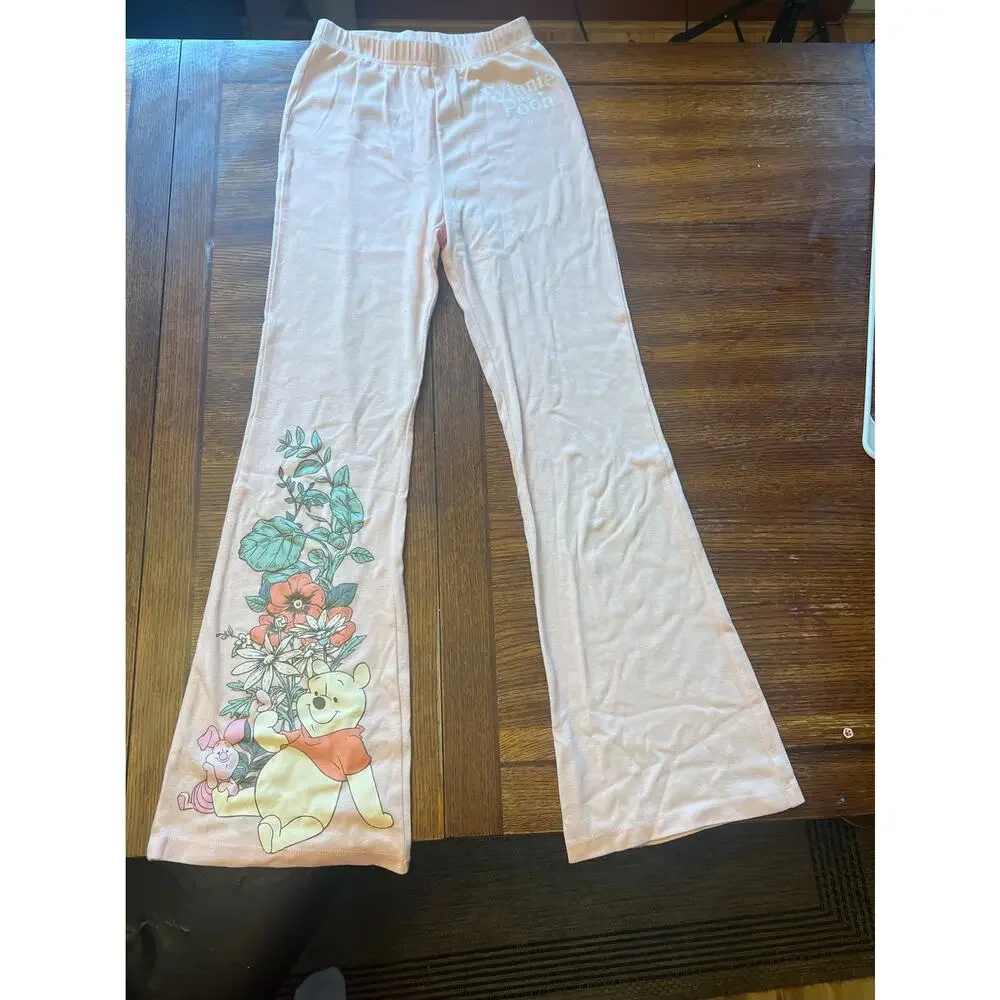 Disney Winnie The Pooh Girls Pink Flare Pants Bell Bottoms Floral Piglet Small